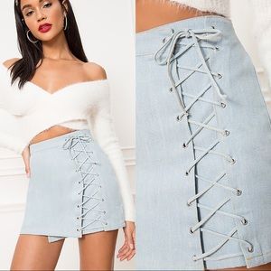 Superdown Pamela denim skirt; Adjustable lace-up